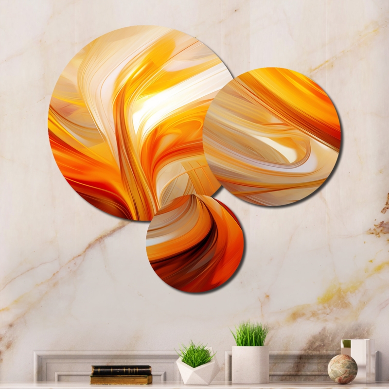 Circular Metal Wall Art Set of 3 Orange Fractal Design