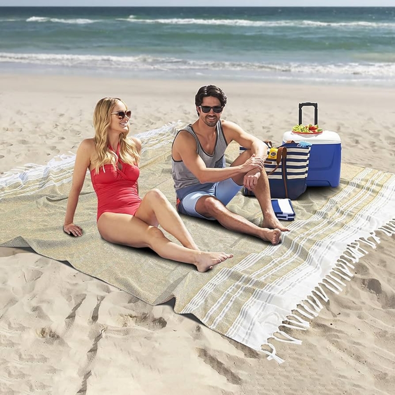 Cloud Pattern Beach Towel, Boho Knotted Fringe Throw Blanket