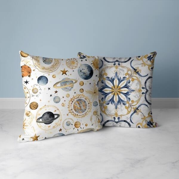 Coastal Blue Throw Pillow with Marbled Space Fusion Print.