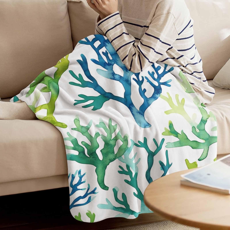 Coastal Decorative Throw Blanket with Blue Coral Print and Flannel