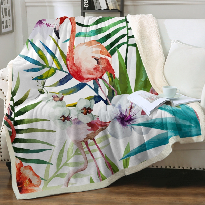 Coastal Heavyweight Throw Blanket with Flamingo Print and Sherpa