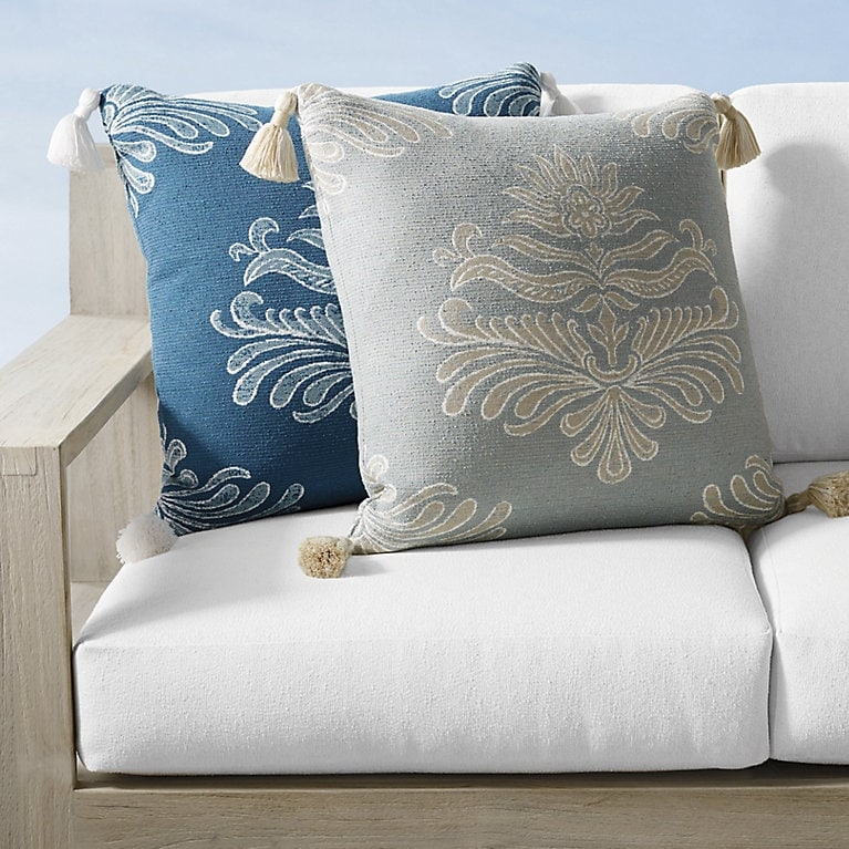 Coastal Lumbar Pillow with Vintage Stamp Pattern and Corner Tassels.