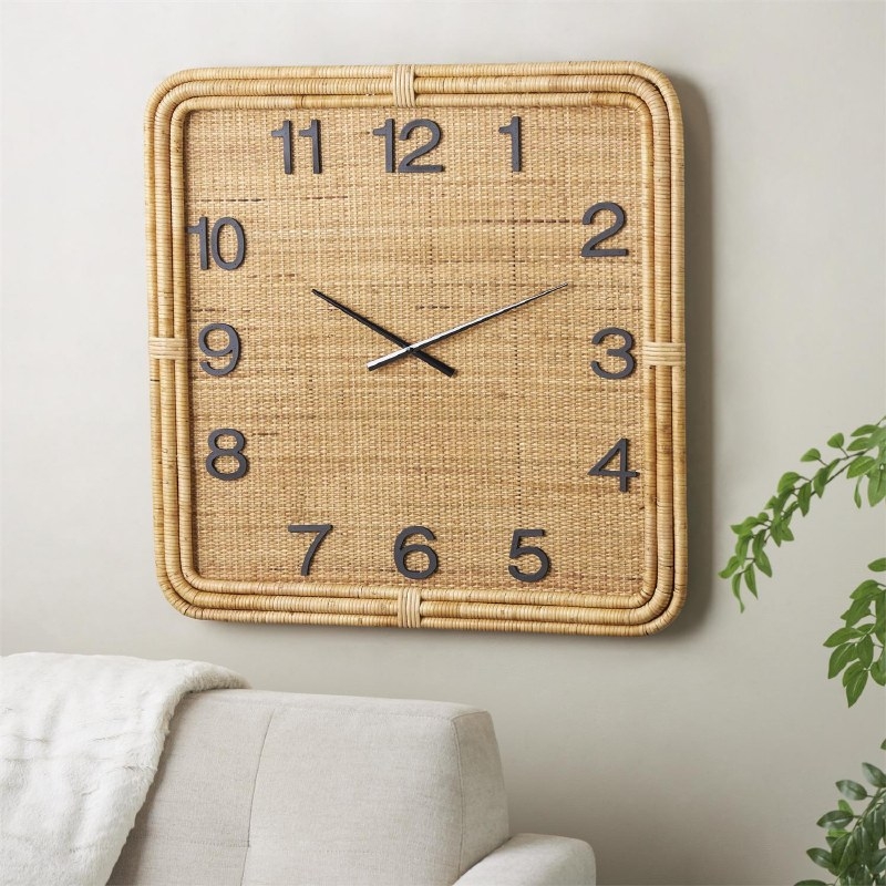 Coastal Square Wall Clock with Natural Woven Rattan Frame