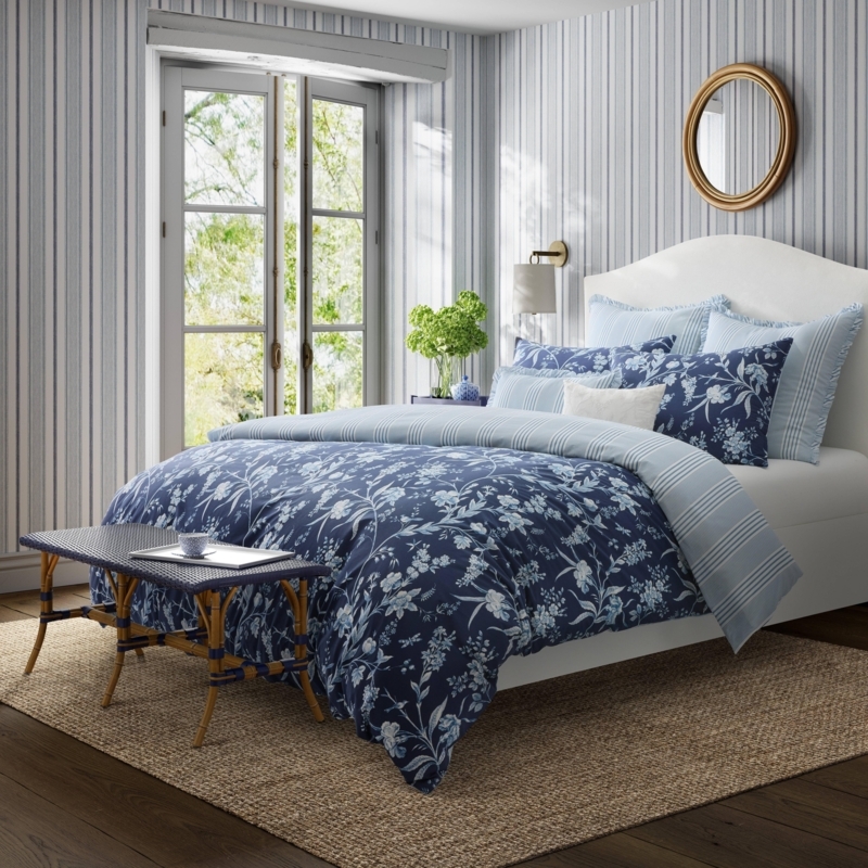 Coastal Style Comforter Set with Quilted Pillows Branch Toile Pattern