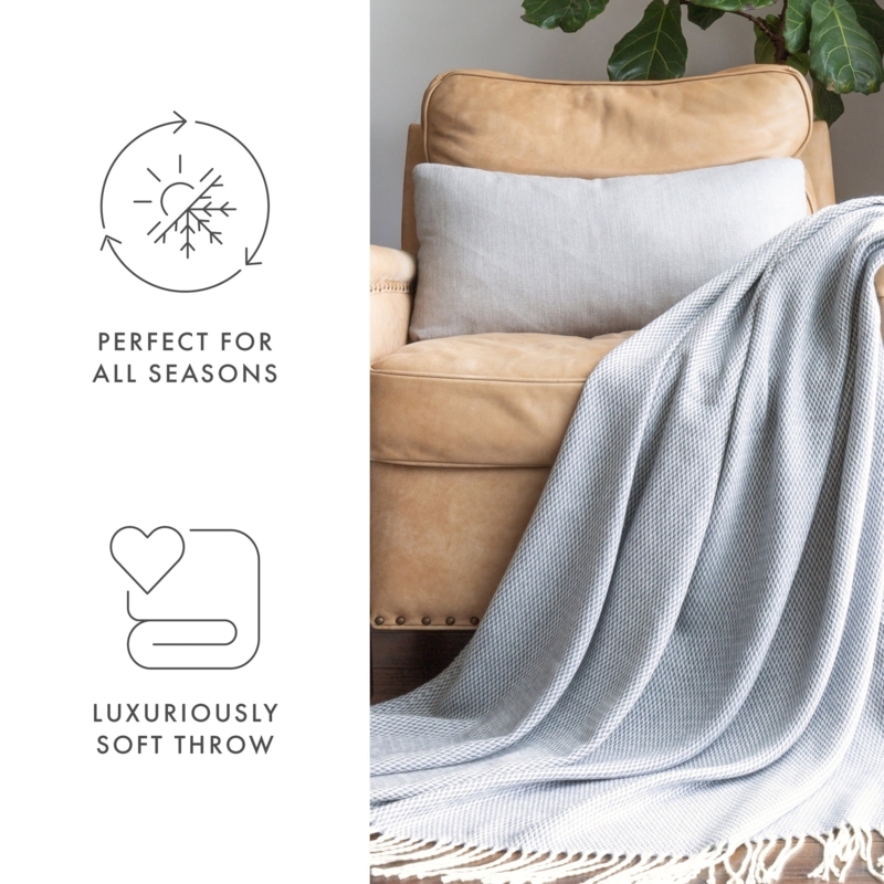 Coastal Throw Blanket Light Blue Herringbone Weave and White Fringe