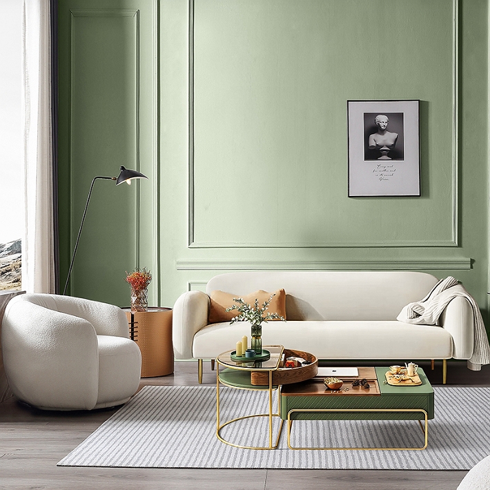 Coffee Table Tiered Design Organic Silhouette Slatted Green Wall