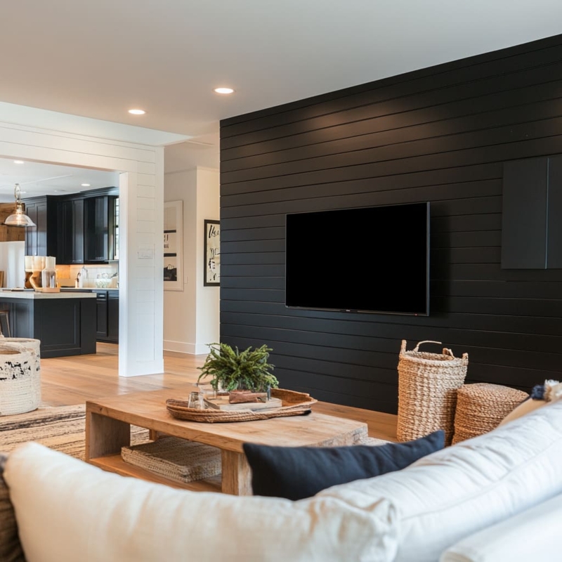 Cognac Leather Accent Chair in Modern Farmhouse Black Shiplap Nook
