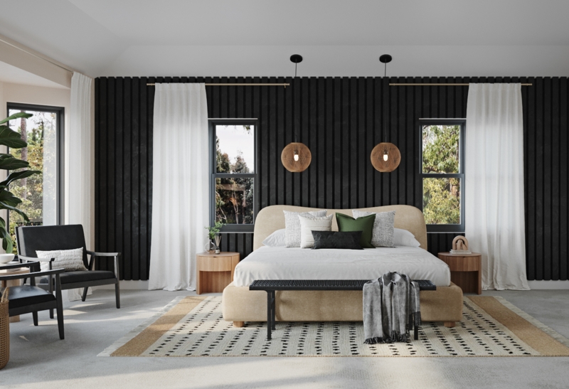 Cognac Leather Sofa in Living Room with Black Picture Frame Molding