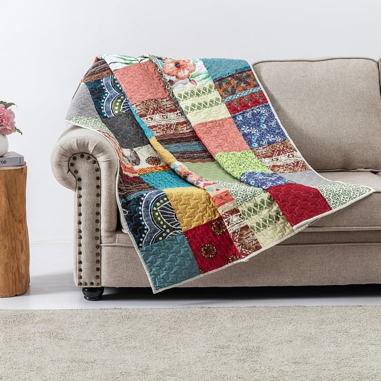 Colorful Bohemian Patchwork Throw Quilt, Vibrant Multi-Color Floral