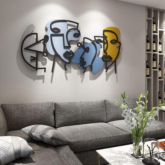 Colorful Metal Line Wall Art: Minimalist Faces, Continuous Line Design Set.
