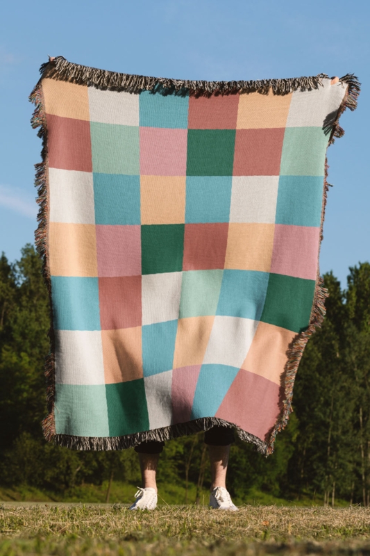 Colorful Woven Throw Blanket, Checkerboard Pattern, Fringe, Cotton-Like