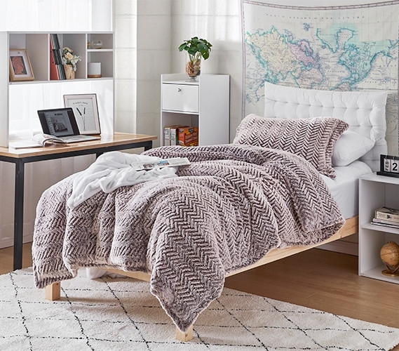 Comforter Grey Frosted Finish Faux Fur Shaggy Chevron Pattern