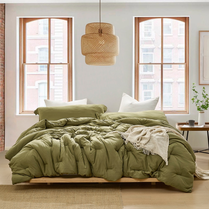 Comforter: Olive Green Shaggy Texture, Overstuffed Plush, Rustic Style