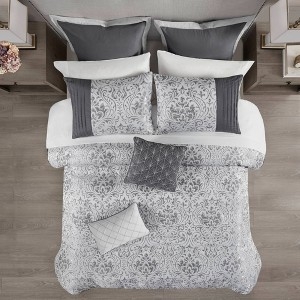 Comforter Set 12-Piece Ensemble with Silver Jacquard Pattern & Mixed Texture Pillows
