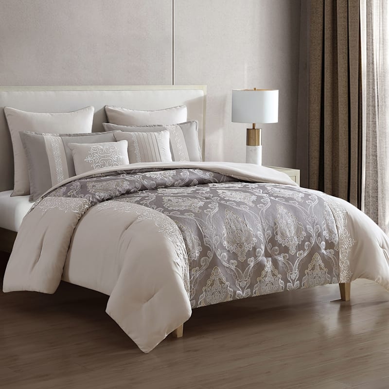 Comforter Set 7-Piece with Large Scale Grey & White Floral Print & Pleated Pillows