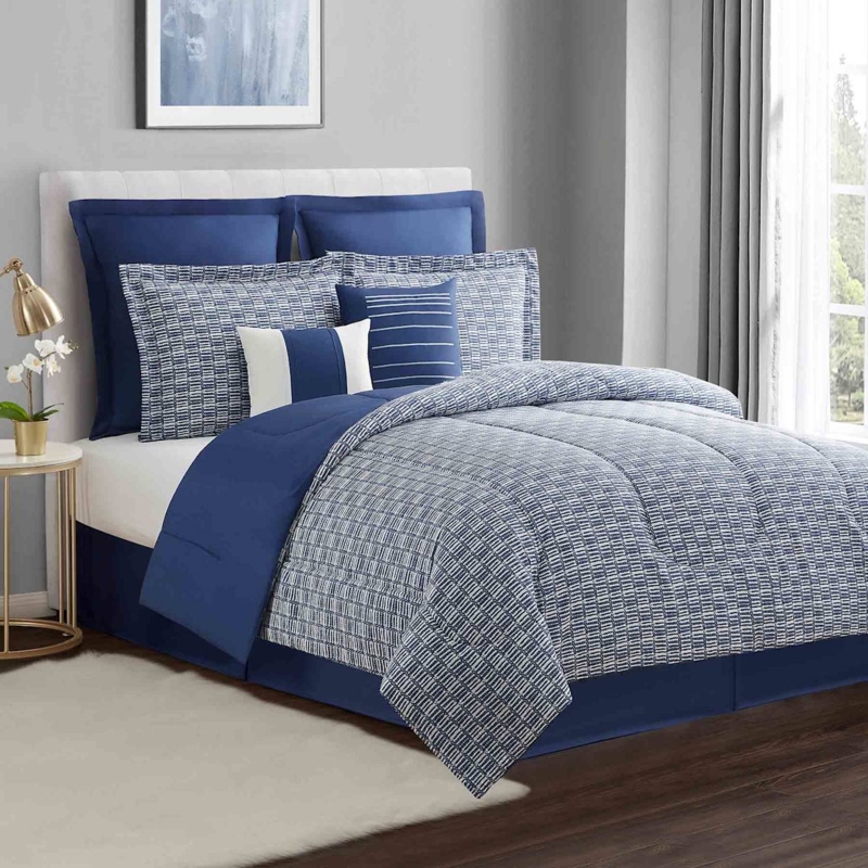 Comforter Set 8-Piece Navy Pleated with Geometric Print Pillows