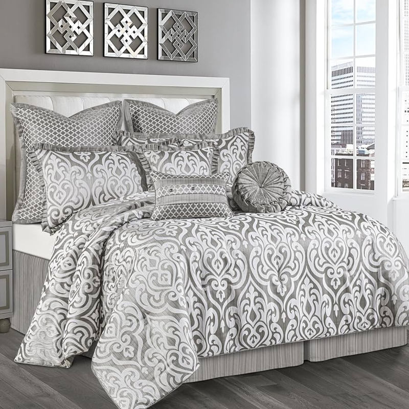 Comforter Set 9-Piece Ensemble in Silver Gray Jacquard Damask with Euro Shams