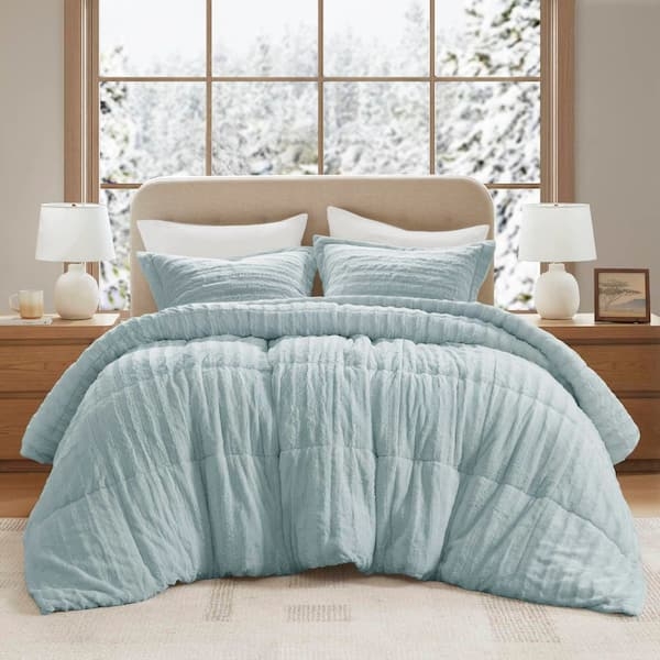 Comforter Set Aqua Faux Fur, Shaggy Plush Texture