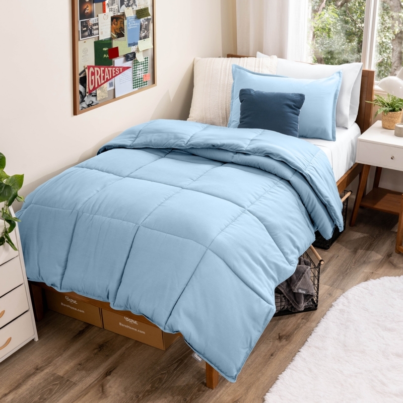 Comforter Set: Baby Blue Box Stitch Quilting, Minimalist Coastal Style