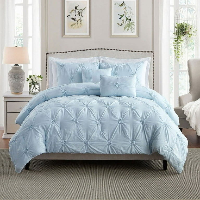 Comforter Set Baby Blue Pintuck Bedding Floral Stitching Microfiber