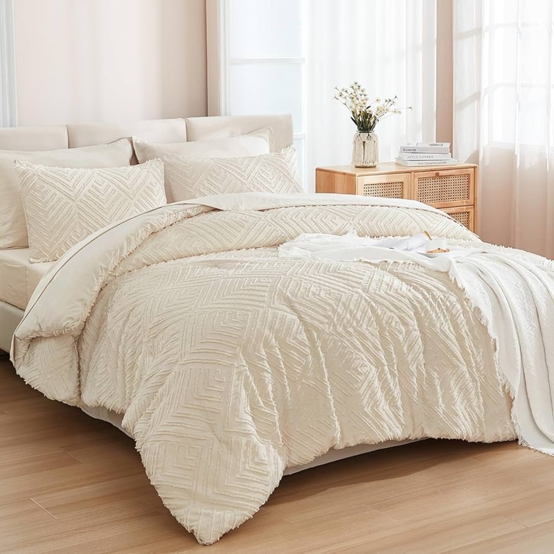 Comforter Set Beige Geometric Tufting Neutral Bedroom Decor