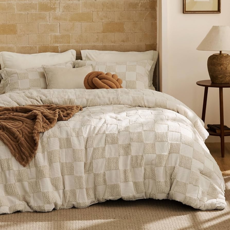 Comforter Set Beige Tufted Checkered Pattern Boho Farmhouse