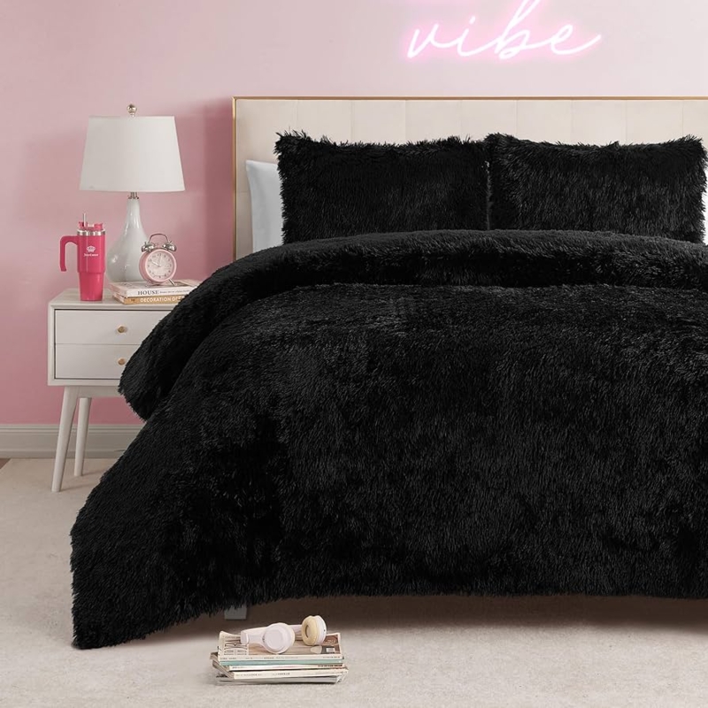Comforter Set Black Shaggy Faux Fur High Pile Texture