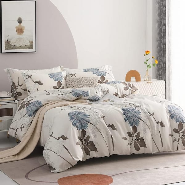 Comforter Set Blue and Brown Floral Off White Botanical Serene Bedding