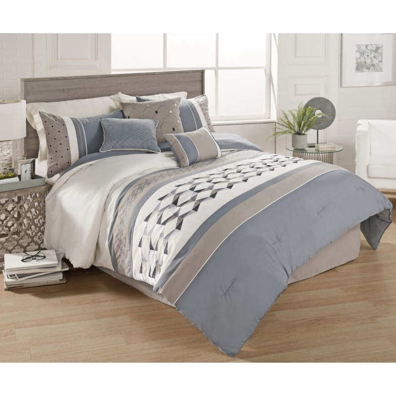 Comforter Set Blue Gray Pintucked Texture Transitional Traditional Style