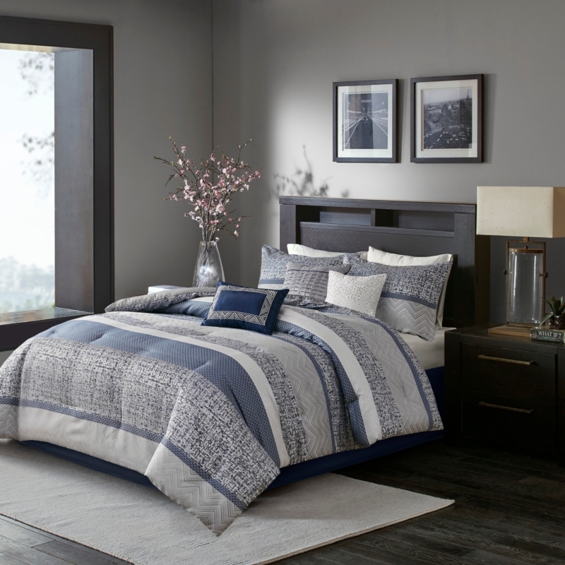 Comforter Set Blue Jacquard Floral Pattern 7-Piece Coordinated