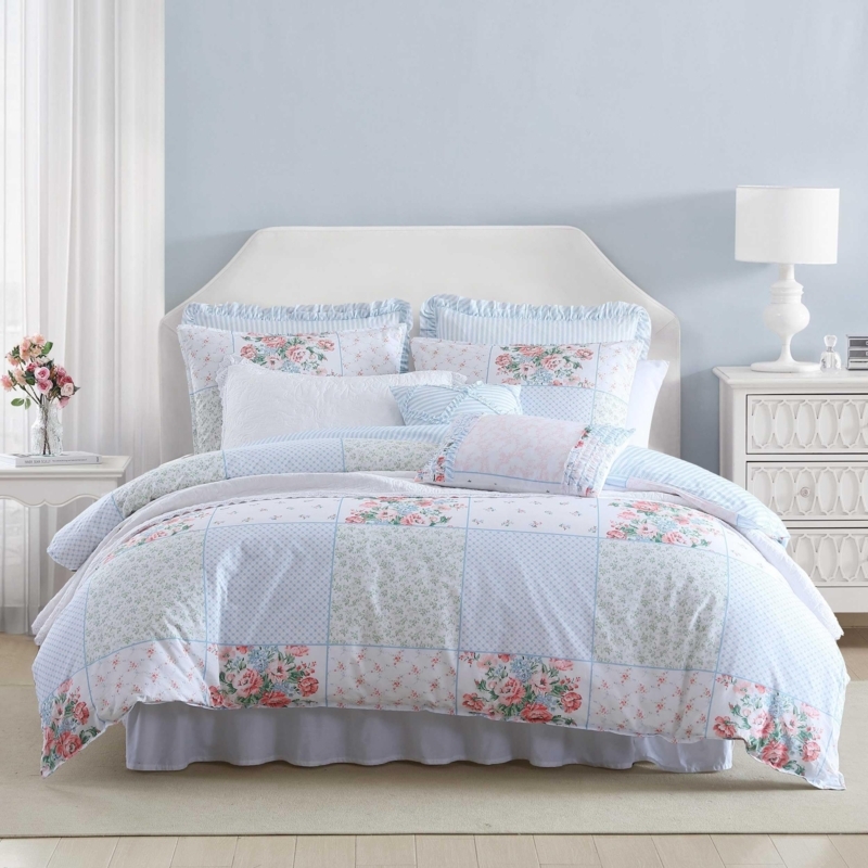 Comforter Set Blue Patchwork Design Floral Cottage Bedding