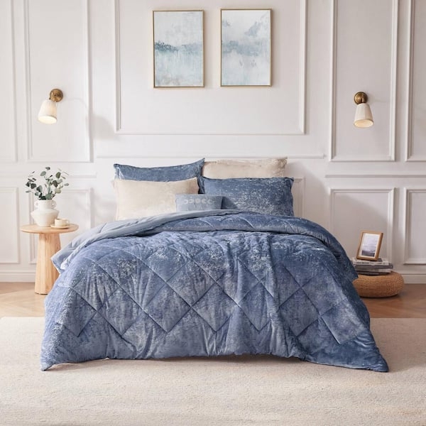 Comforter Set Blue Velvet Diamond Quilted with Shams