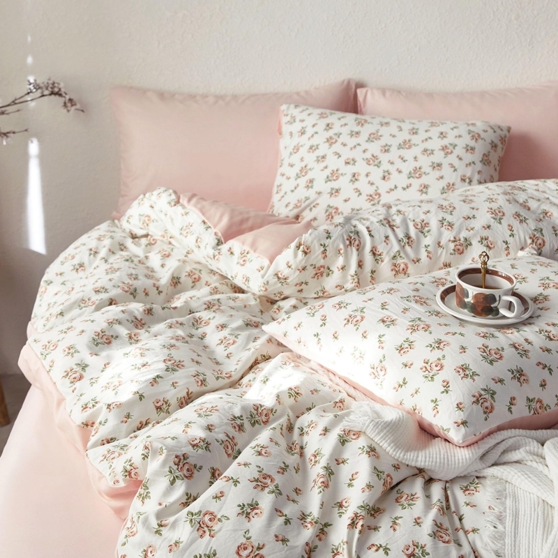 Comforter Set Blush Floral Print Lightweight Cottagecore Bedroom Bedding