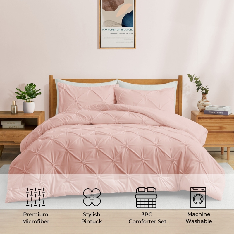 Comforter Set Blush Pink Pinch Pleat Diamond Texture Shabby Chic
