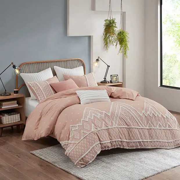 Comforter Set Blush Pink Tufted Geometric Pleats Pom Pom Trim