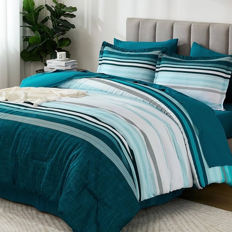 Comforter Set Boho Geometric Stripes White Coastal