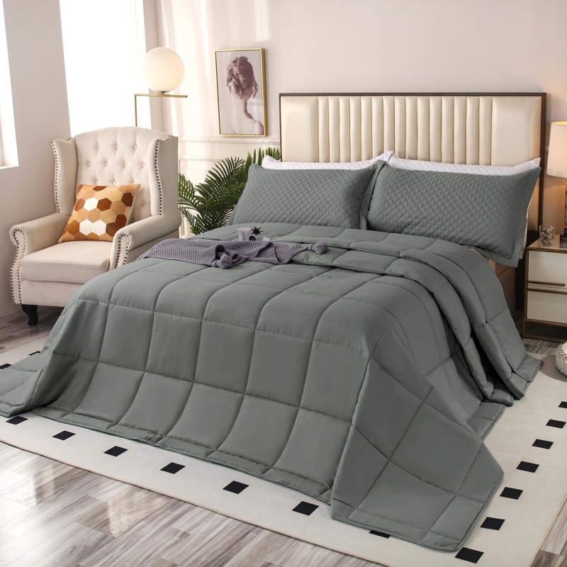 Comforter Set Box Stitch Quilting Gray Oversized Reversible