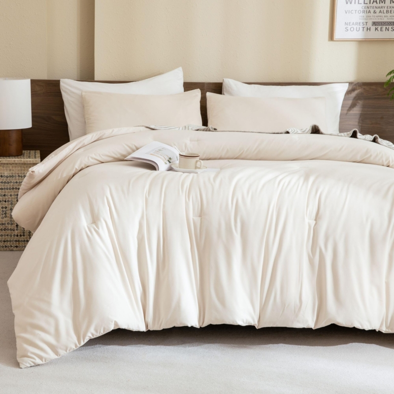 Comforter Set Box Stitch Quilting Minimalist Beige Lightweight