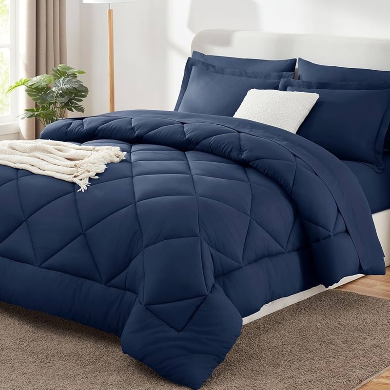 Comforter Set Box Stitched Navy Blue Quilted Transitional