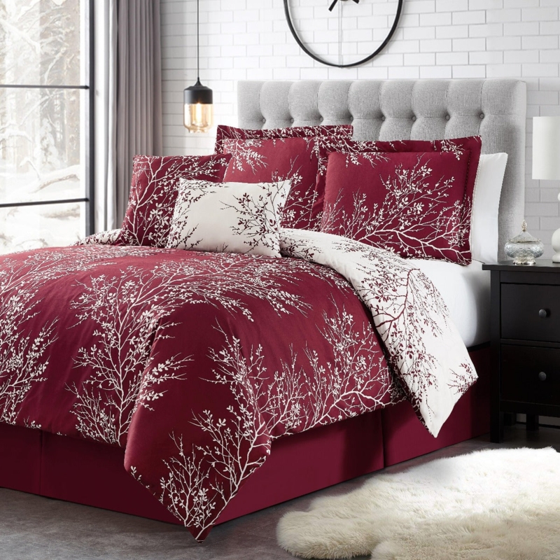 Comforter Set Burgundy Quilted Foliage Motif Traditional Bedding