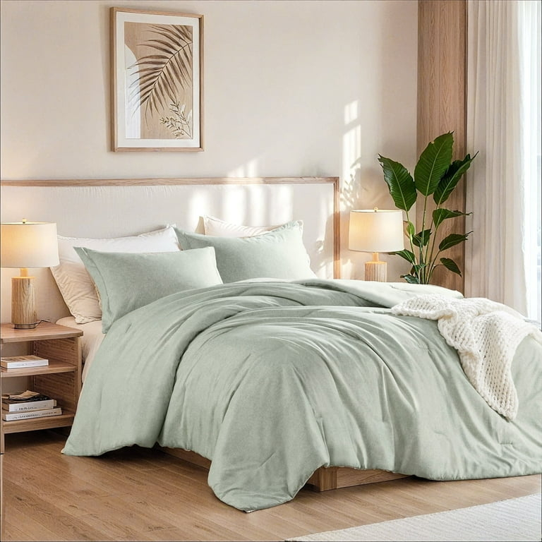Comforter Set Chambray Print Sage Green, Farmhouse