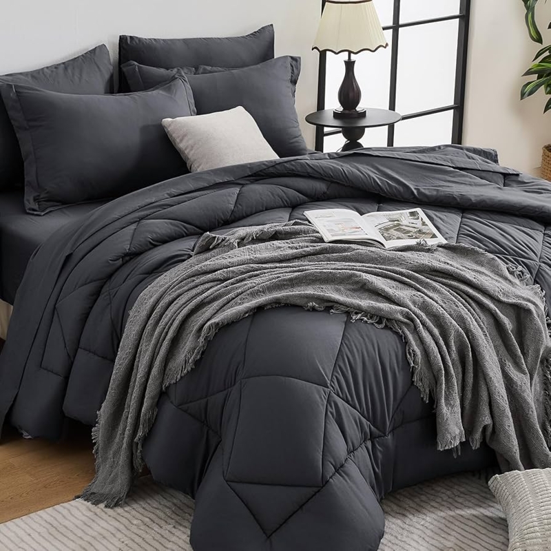 Comforter Set Charcoal Box Stitch Quilting Modern Bedroom Decor