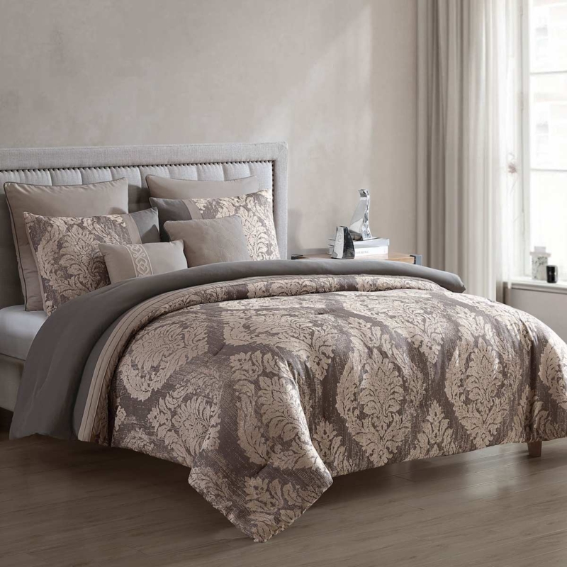Comforter Set Charcoal Grey Horizontal Pleats Modern Transitional Bedding