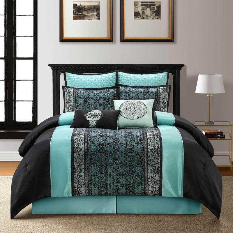 Comforter Set Charcoal Silver Damask Faux-Silk Sheen Glam