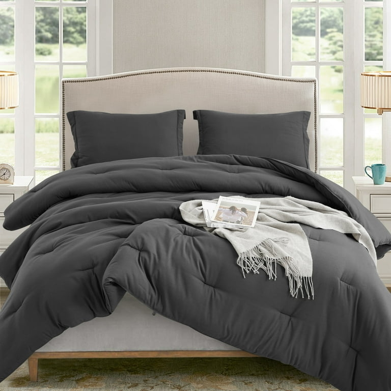 Comforter Set Charcoal Tone Box Stitch Minimalist Dark Bedding