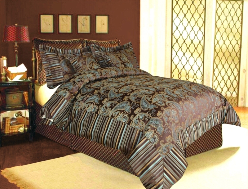 Comforter Set Chenille Texture Paisley Floral Mix Brown Blue