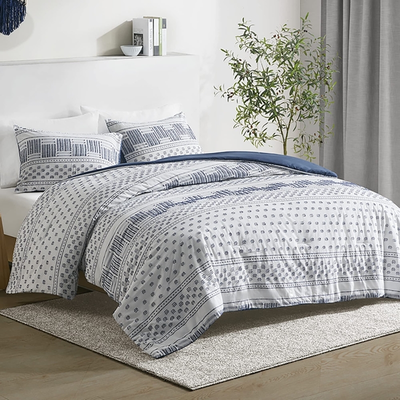 Comforter Set, Clipped Jacquard Stripes, Navy Blue Boho Bedding Set