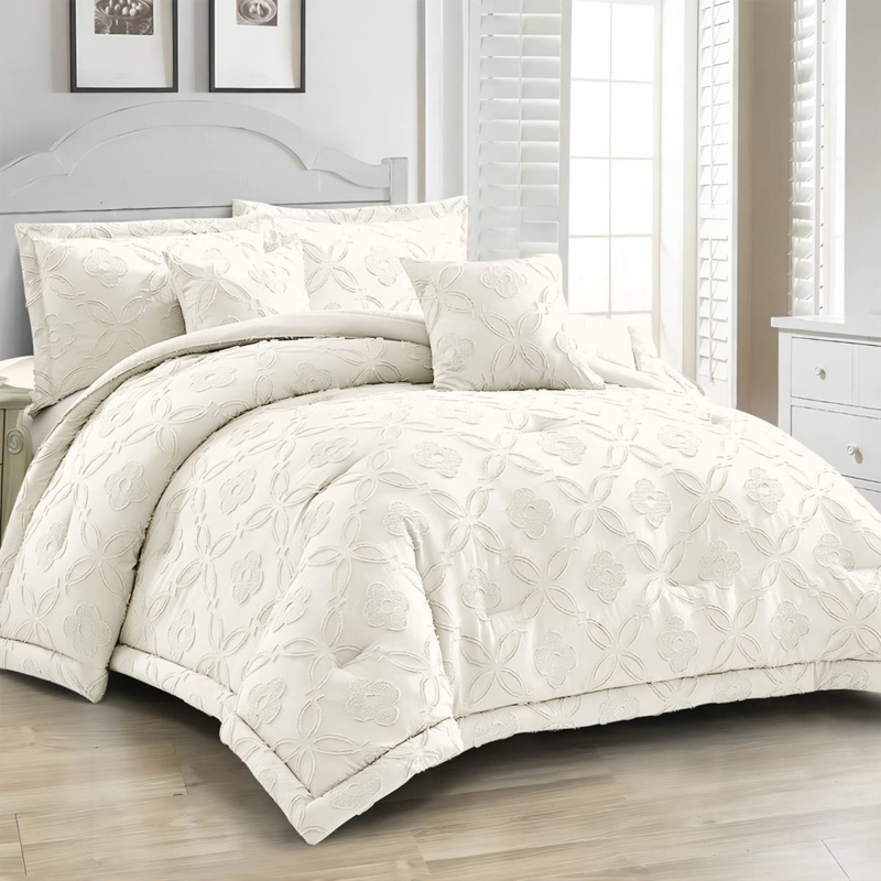 Comforter Set Clover Tufted Pattern Ruffled Trim Aqua Blue Tufted Set