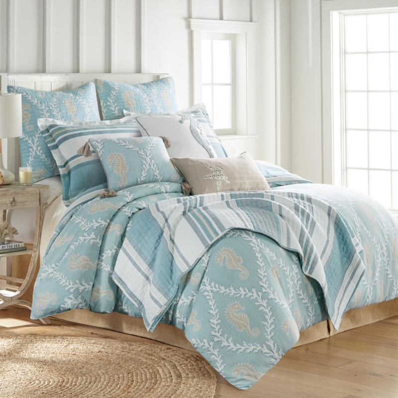 Comforter Set Coastal Blue Large Scale Botanical Print Tasseled Trim