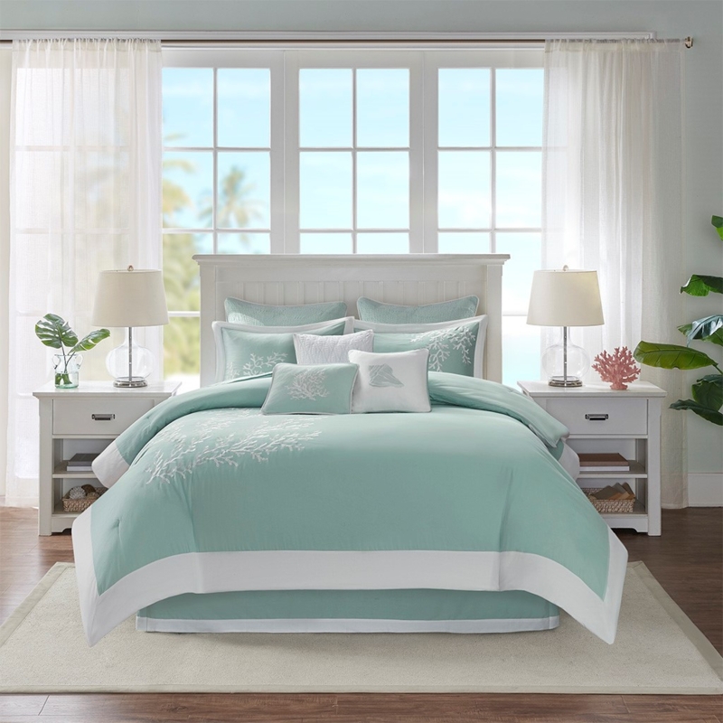 Comforter Set Coastal Coral And Shell Print Aqua Palette Decorative